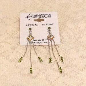 NEW Silver Plated Yellow & Green Crystal Long Drop Dangle Earrings Jewelry Gifts